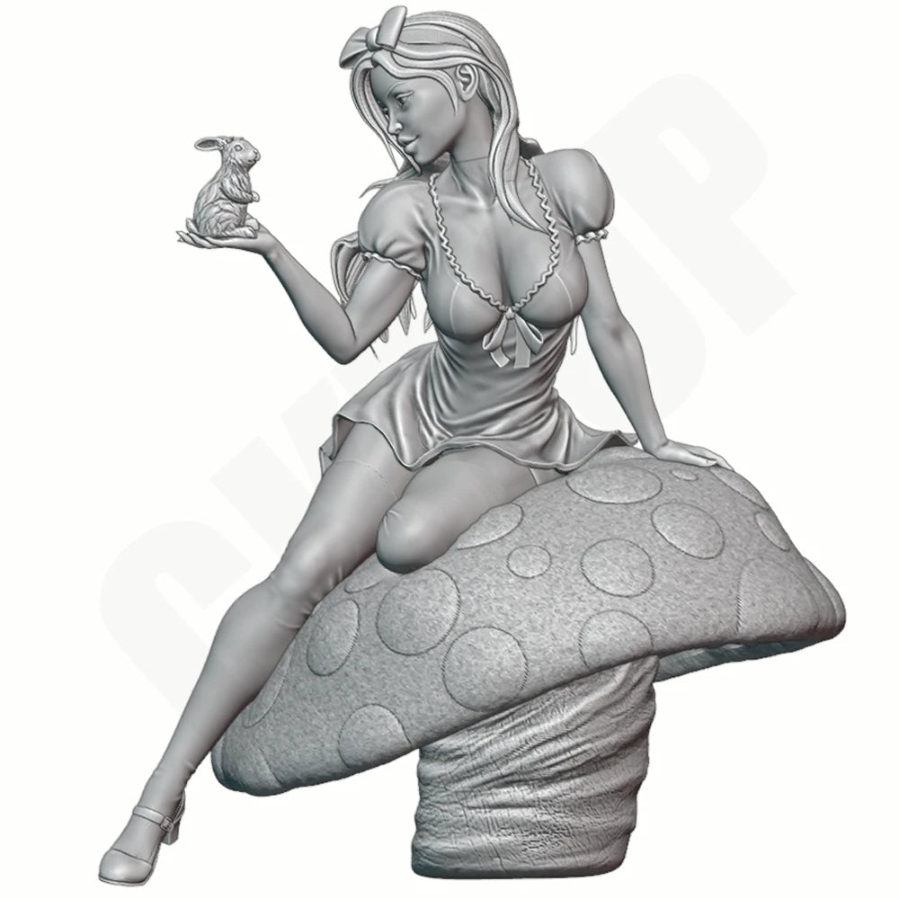 1/24 Fairy Tale Girl on Mushroom Seat, Resin Model Figure Kit, Fantasy Theme, Unassembled and Unpainted
