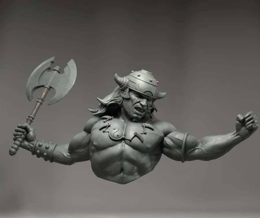 1/10 Bearded Barbarian with Horned Helmet and Double-Axe, Resin Model Bust Kit, Fantasy Theme, Unassembled and Unpainted