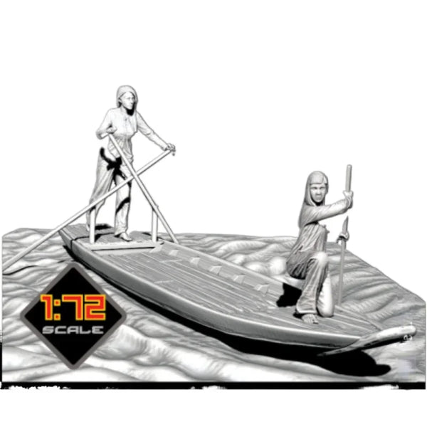 1/72 Vietnam War Women with Sampan Boat, 3 Figures, Resin Model Diorama Kit, Unassembled and Unpainted