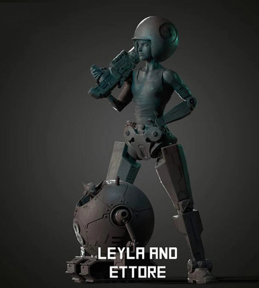 1/24 Female Soldier with Robot, Resin Model Figure Kit, Sci-Fi Theme, Unassembled and Unpainted