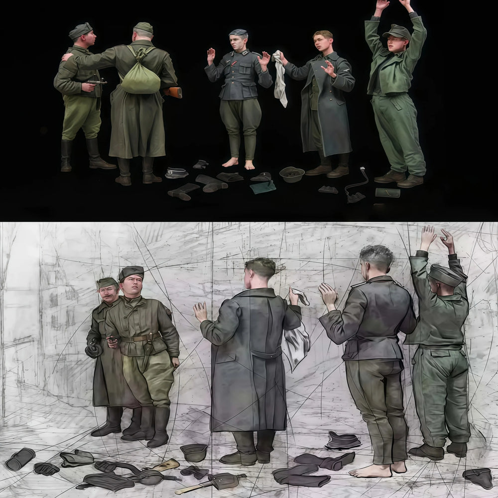 1/35 WWII German Infantry and Prisoners, 10 Figures, Resin Model Figure Kit, Unassembled and Unpainted