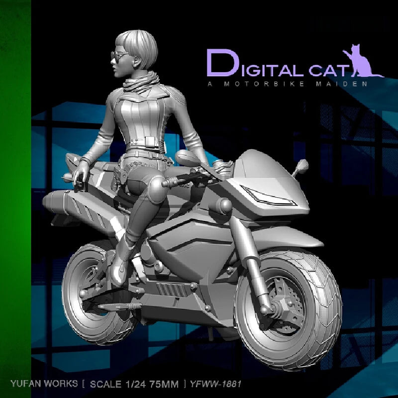 75mm Female Rider on Motorcycle, Resin Model Figure Kit, Unassembled and Unpainted