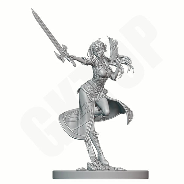 1/24 Magenta-Haired Warrior with Raised Sword, Resin Model Figure Kit, Fantasy Theme, Unassembled and Unpainted