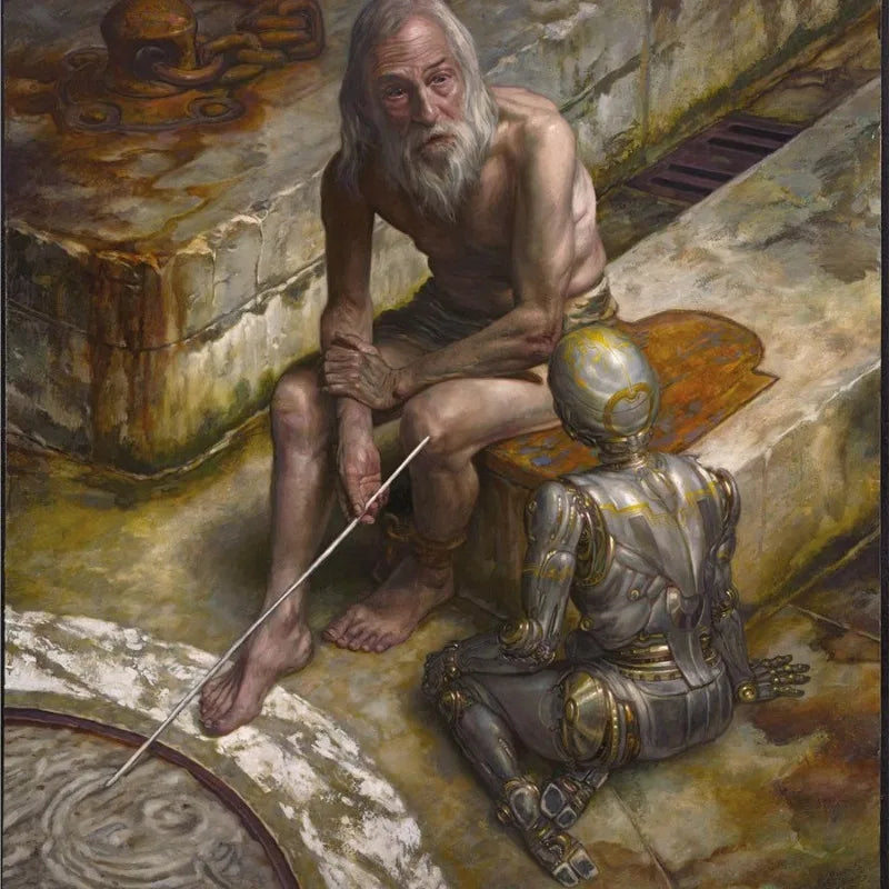 1/24 Future Old Man & Robot Conversation, 2 Figures, Resin Model Diorama Kit, Fantasy Theme, Unassembled and Unpainted