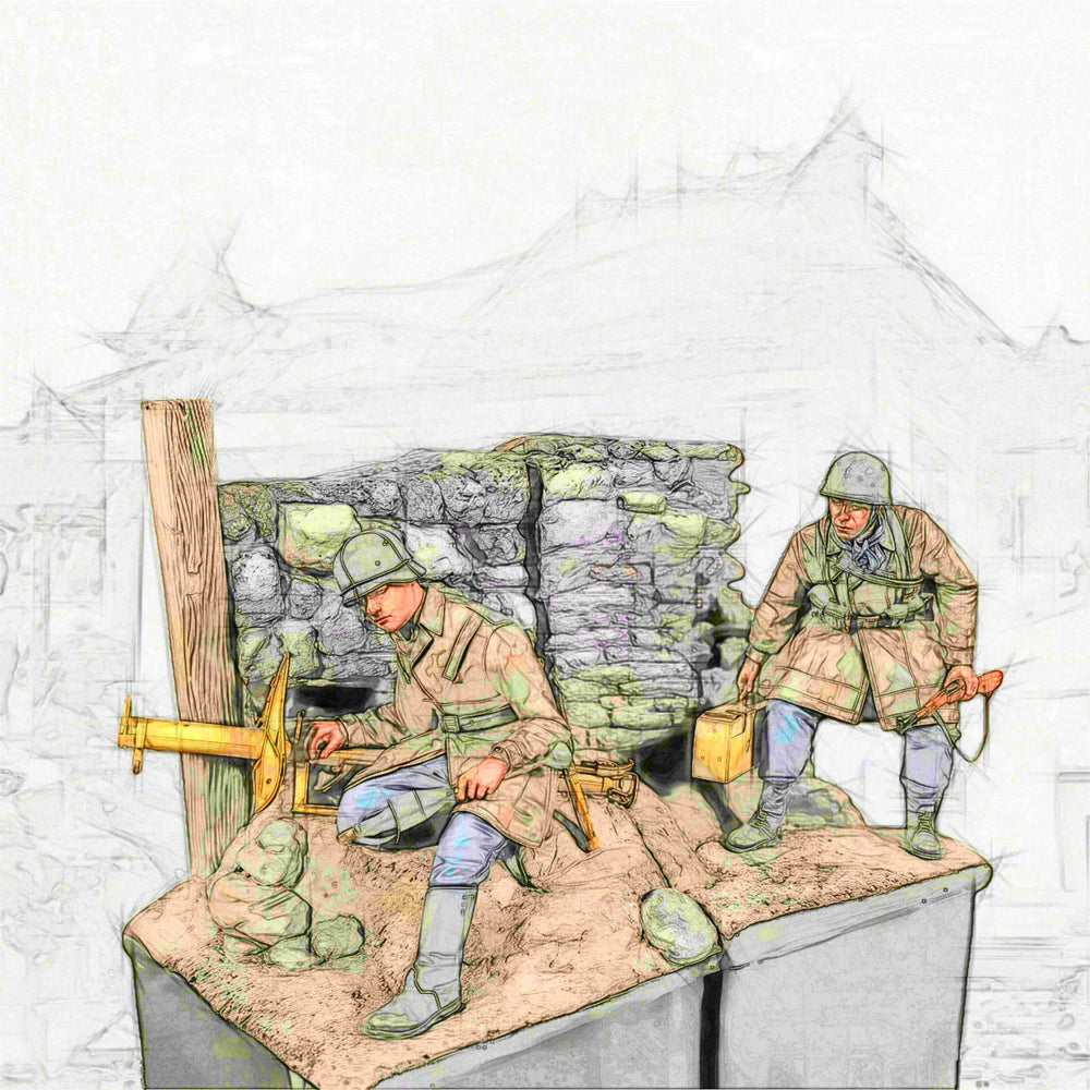 1/35 WWI German Trench & Artillery, 3 Figures, Resin Model Diorama Kit, Unassembled and Unpainted