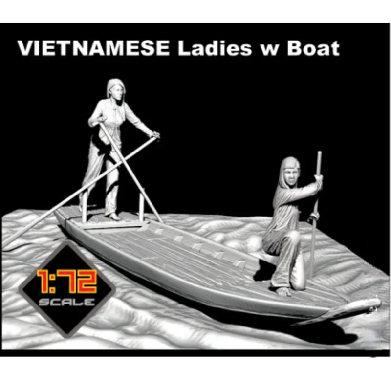 1/72 Vietnam War Women with Sampan Boat, 3 Figures, Resin Model Diorama Kit, Unassembled and Unpainted