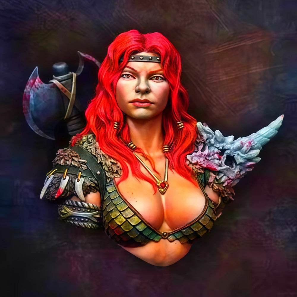 1/12 Crimson-Haired Sorceress with Horned Armor, Resin Model Bust Kit, Fantasy Theme, Unassembled and Unpainted