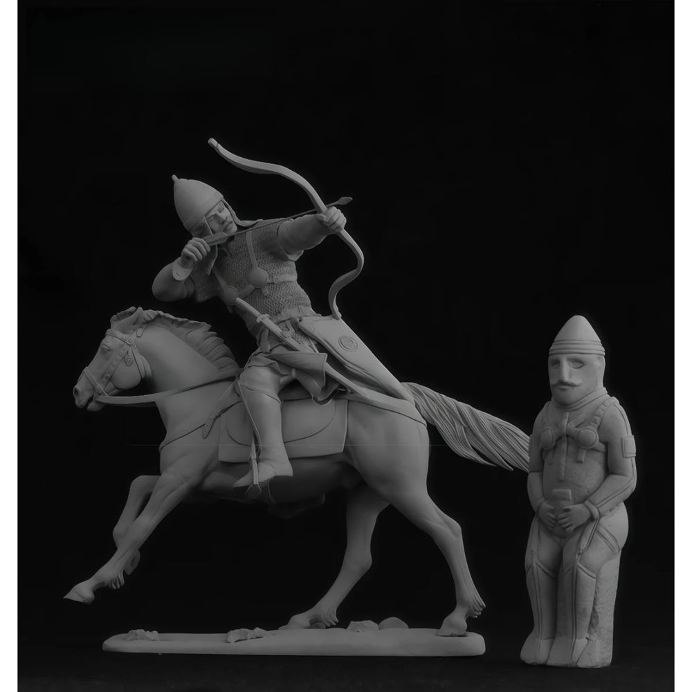75mm Medieval Kuman Mounted Archer, 3 Figures, Resin Model Diorama Kit, Unassembled and Unpainted