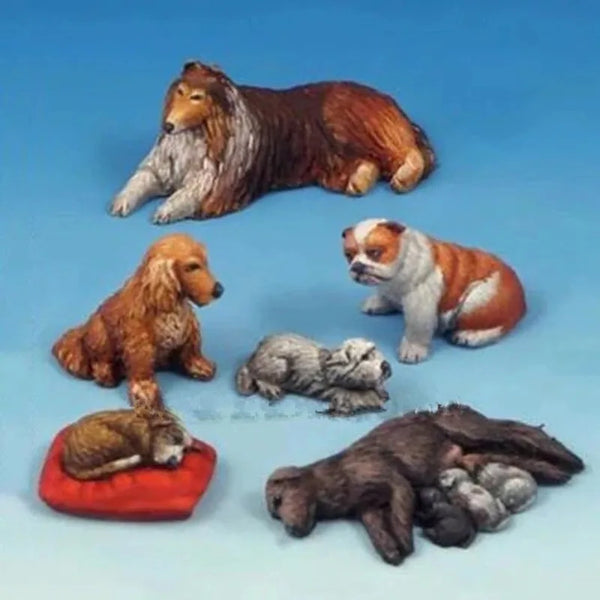 1/35 Dog Figurines, 6 Figures, Resin Model Creature Kit, Wildlife Theme, Unassembled and Unpainted