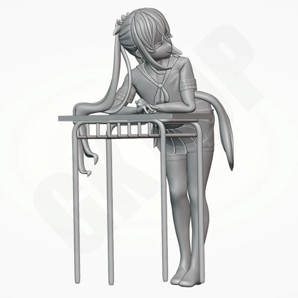 1/24 Schoolgirl with Twin Tails at Table, Resin Model Figure Kit, Anime Theme, Unassembled and Unpainted