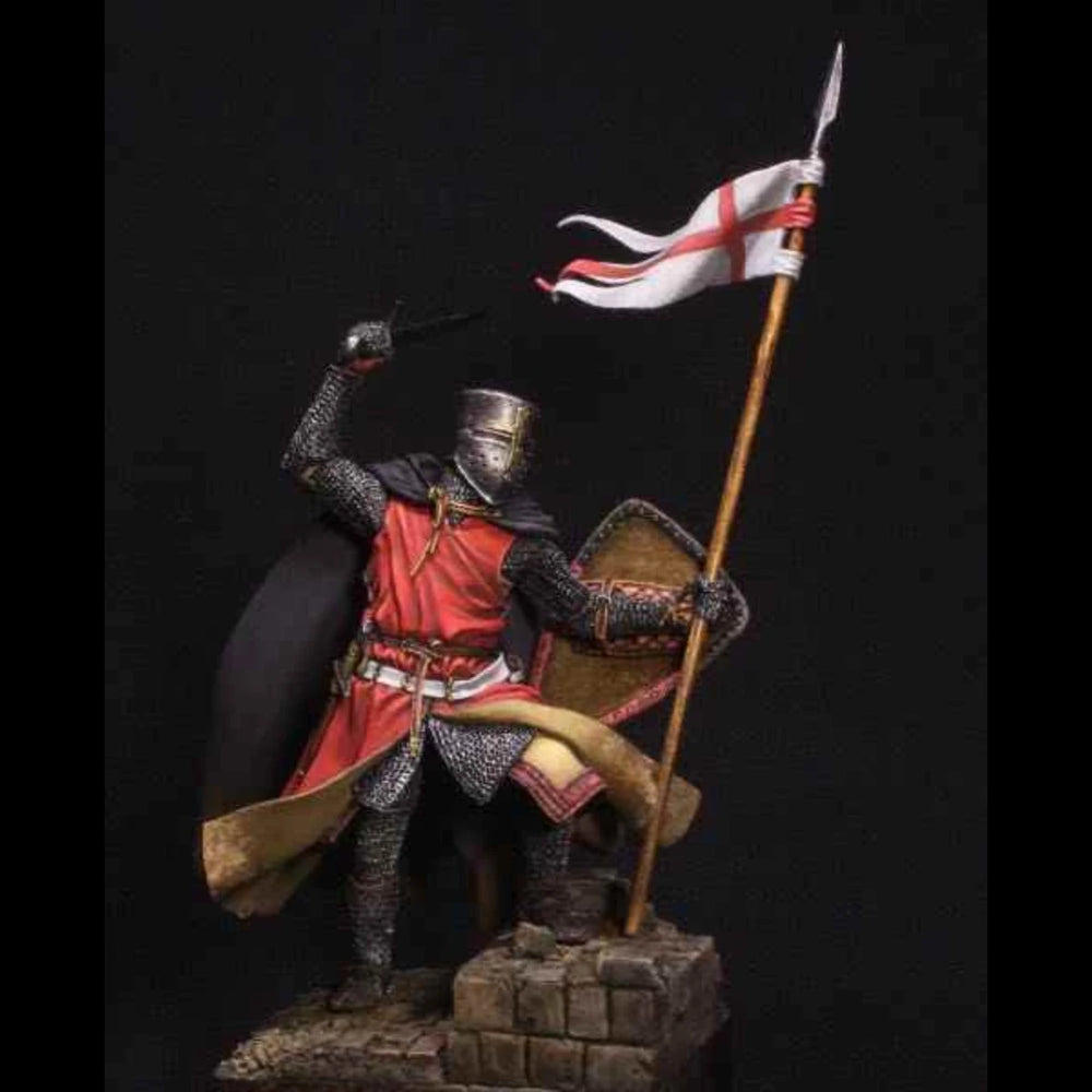 75mm Medieval Crusader Knight Holding Cross Banner, Resin Model Figure Kit, Unassembled and Unpainted