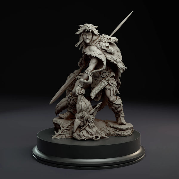 1/24 Spiky-Haired Barbarian Warrior on Scaled Mount, Resin Model Figure Kit, Fantasy Theme, Unassembled and Unpainted