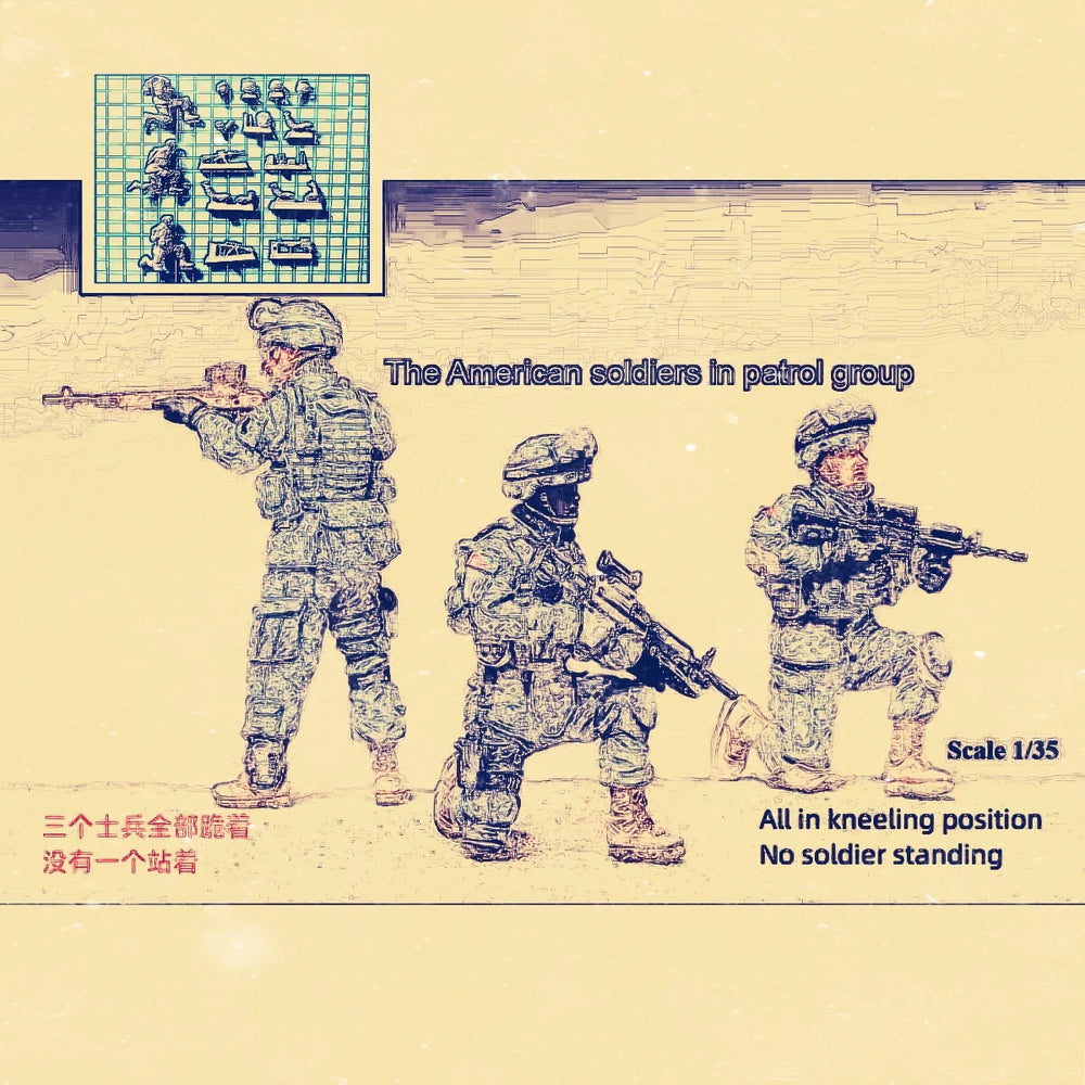 1/35 Modern US Infantry Patrol Kneeling, 3 Figures, Resin Model Figure Kit, Unassembled and Unpainted