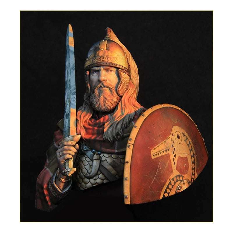 1/10 Medieval Red-Bearded Viking in Horned Helm with Shield, Resin Model Bust Kit, Unassembled and Unpainted