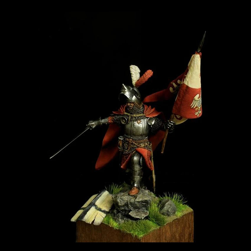 1/24 Medieval Knight Commander with Heraldic Banner, Resin Model Figure Kit, Unassembled and Unpainted