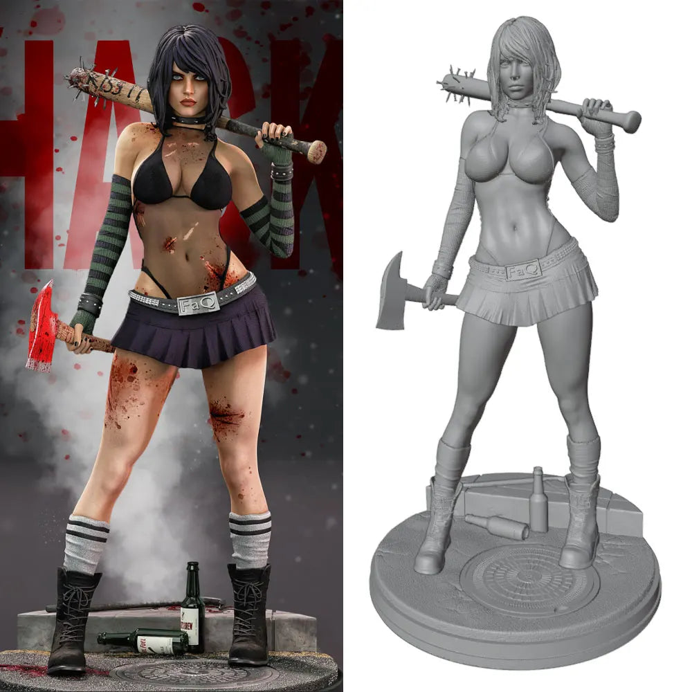 1/24 Female Barbarian with Axe and Rifle, Resin Model Figure Kit, Fantasy Theme, Unassembled and Unpainted
