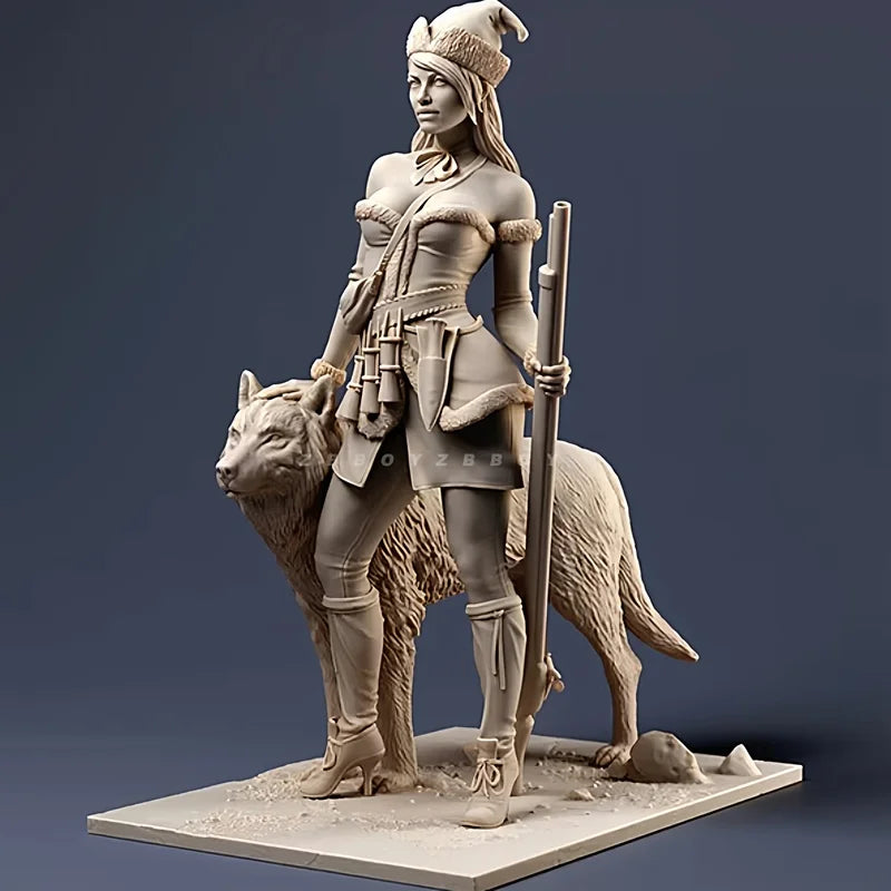 1/24 Female Hunter with Wolf, 2 Figures, Resin Model Figure Kit, Fantasy Theme, Unassembled and Unpainted