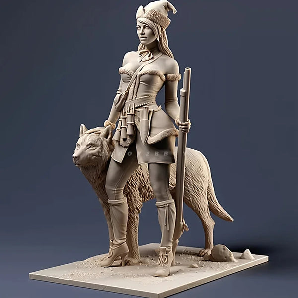1/24 Female Hunter with Wolf, 2 Figures, Resin Model Figure Kit, Fantasy Theme, Unassembled and Unpainted