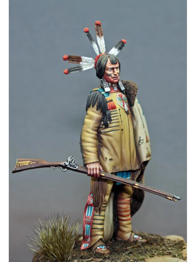 1/24 Plains Warrior in War Bonnet with Rifle, Resin Model Figure Kit, Military Theme, Unassembled and Unpainted
