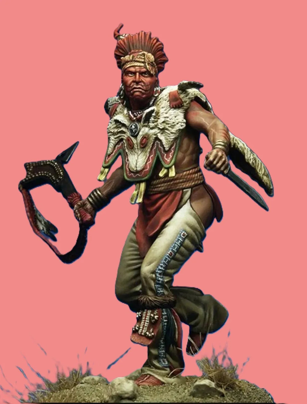 1/24 Green Tribal Warrior with Feathered Crown and Axe, Resin Model Figure Kit, Fantasy Theme, Unassembled and Unpainted