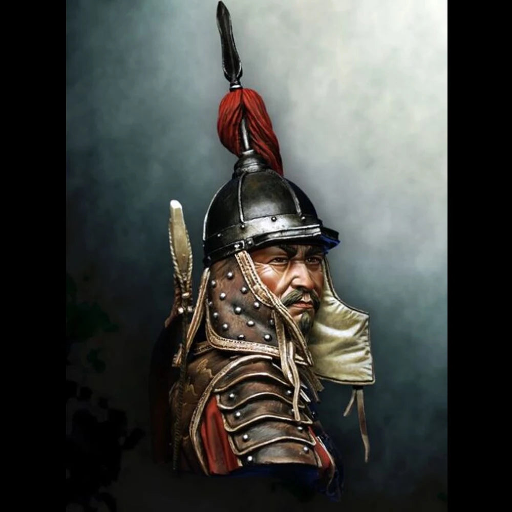 1/9 Medieval Mongol Cavalry Commander with Red Plume Helm, Resin Model Bust Kit, Unassembled and Unpainted