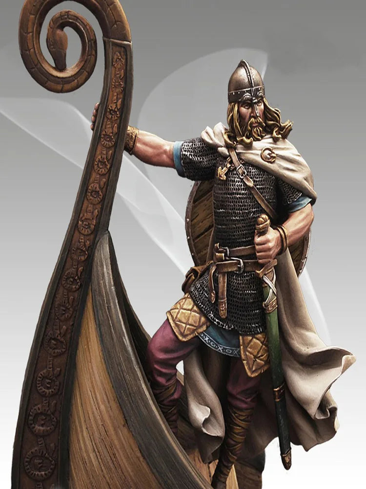 75mm Medieval Viking Commander with Horned Helm and Spiral Axe, Resin Model Figure Kit, Unassembled and Unpainted
