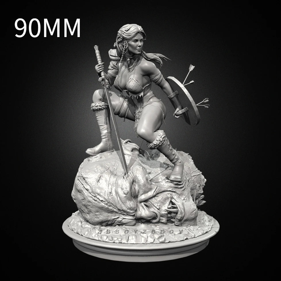 75mm Medieval Barbarian Woman Lunging with Greatsword, Resin Model Figure Kit, Unassembled and Unpainted