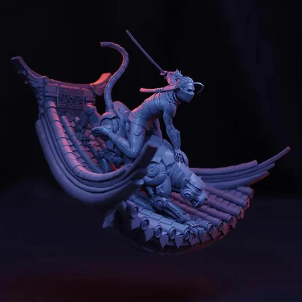 1/24 Curved-Horn Demon on Ribbed Base, Resin Model Figure Kit, Fantasy Theme, Unassembled and Unpainted