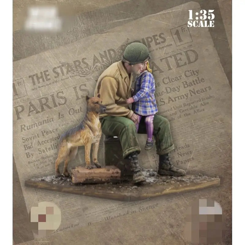 1/35 WWII American Soldier with Child & Dog, 3 Figures, Resin Model Figure Kit, Unassembled and Unpainted