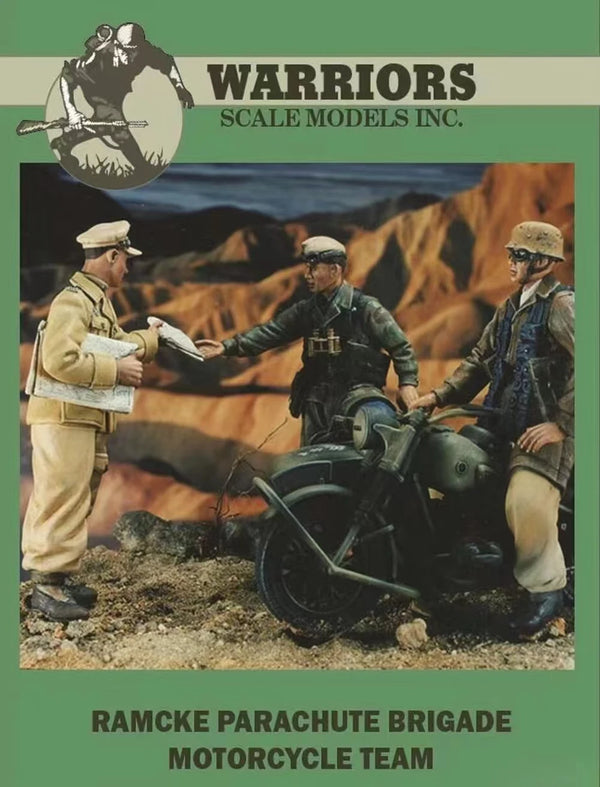 1/35 WWII German Ramcke Parachute Brigade Motorcycle Team, 4 Figures, Resin Model Figure Kit, Unassembled and Unpainted