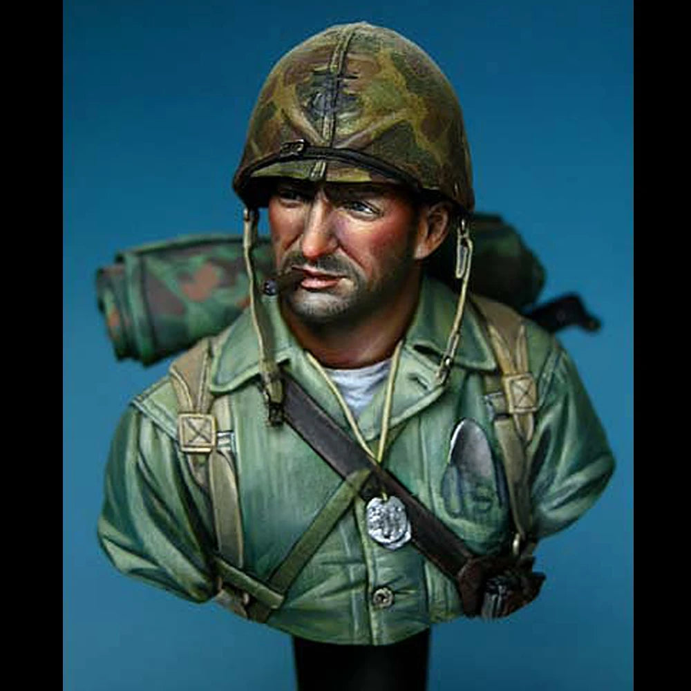 1/10 WWII US Infantry Soldier in Helmet with Netting, Resin Model Bust Kit, Unassembled and Unpainted