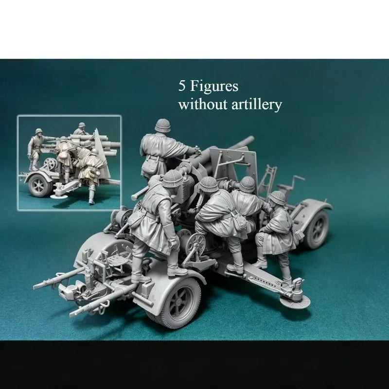 1/35 WWII Artillery Crew with Field Gun, 5 Figures, Resin Model Figure Kit, Unassembled and Unpainted