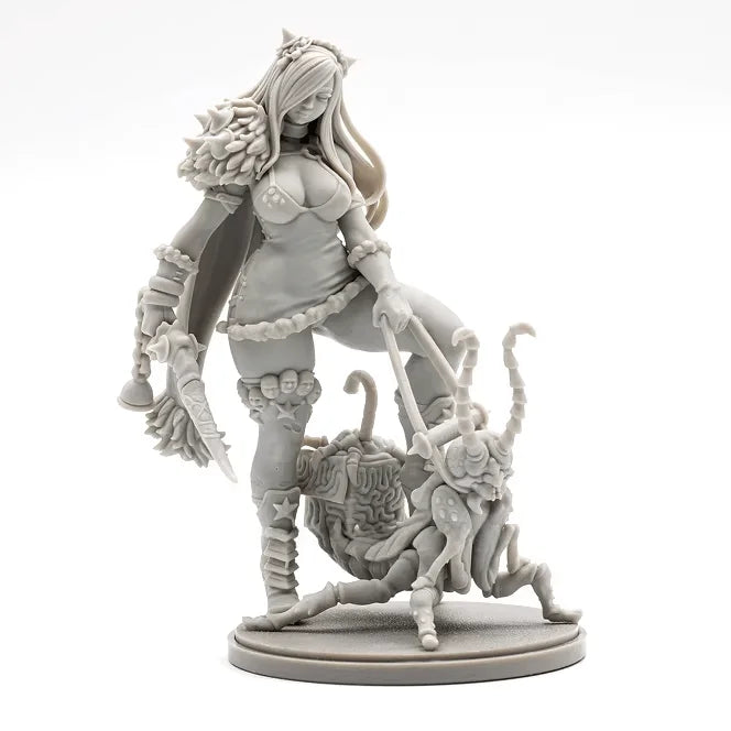 75mm Fantasy Female Warrior with Demon Base, Resin Model Figure Kit, Unassembled and Unpainted
