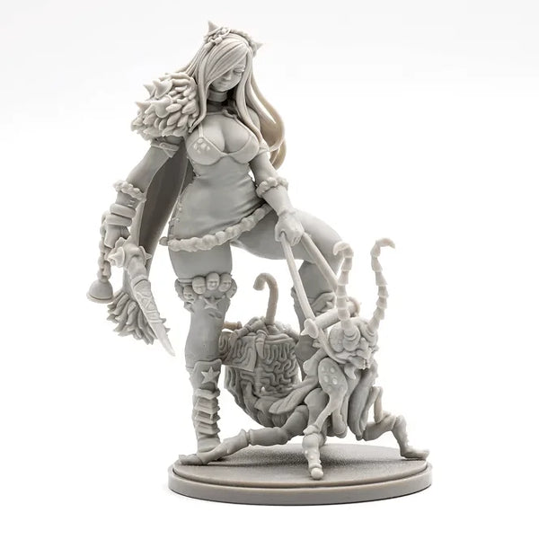 75mm Fantasy Female Warrior with Demon Base, Resin Model Figure Kit, Unassembled and Unpainted