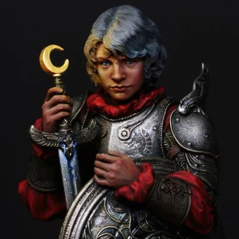 1/10 Medieval Youthful Sorcerer with Crescent Staff and Sword, Resin Model Bust Kit, Unassembled and Unpainted
