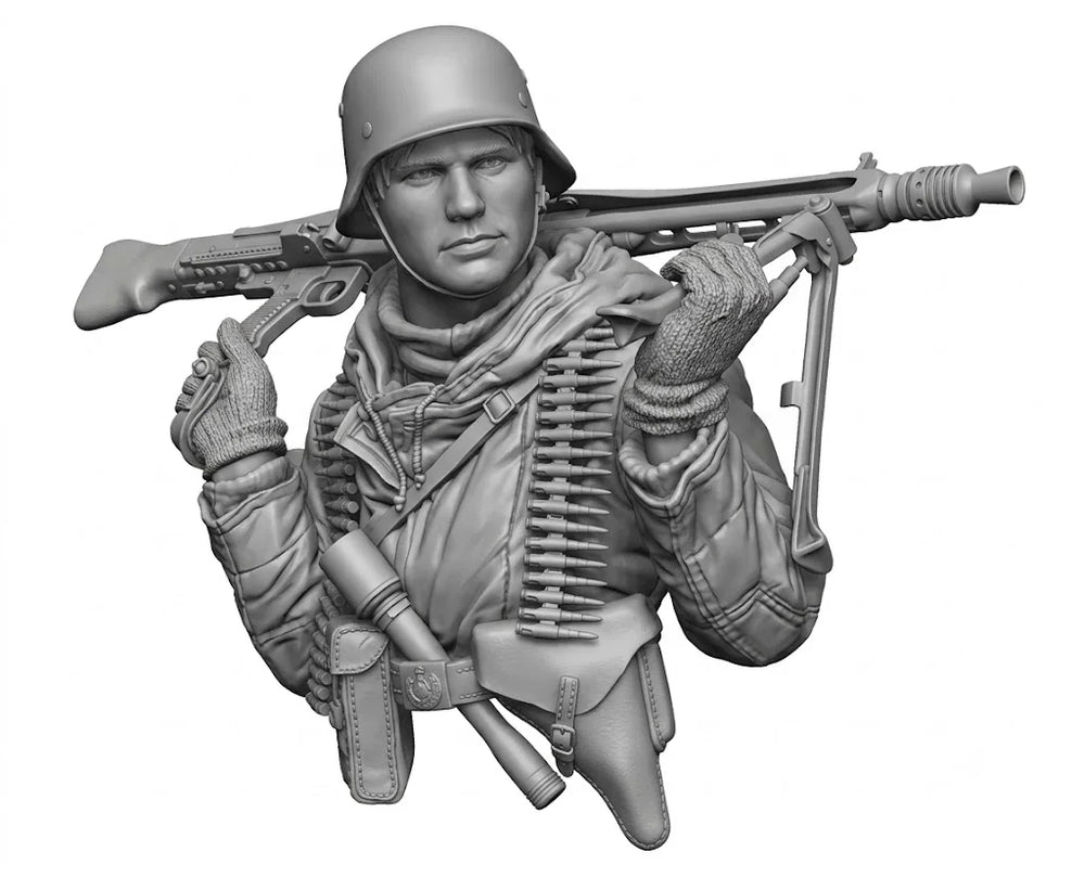 1/10 WWII German Rifleman with MP44 and Ammo Bandoliers, Resin Model Figure Kit, Unassembled and Unpainted