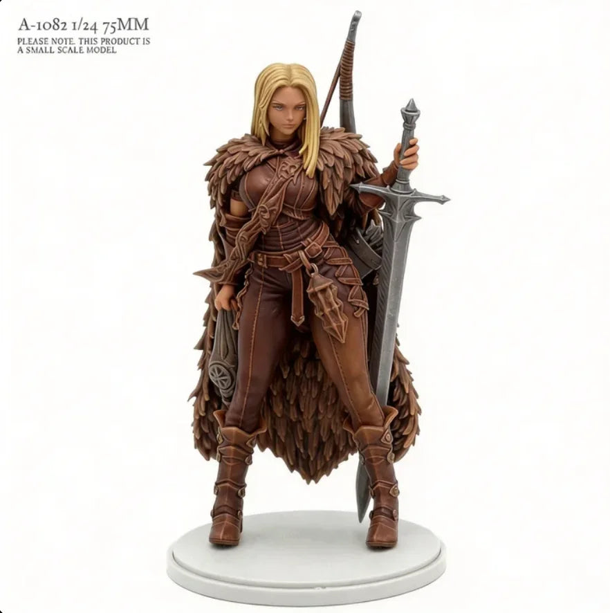 1/24 Medieval Female Barbarian with Fur-Trimmed Armor and Greatsword, Resin Model Figure Kit, Unassembled and Unpainted