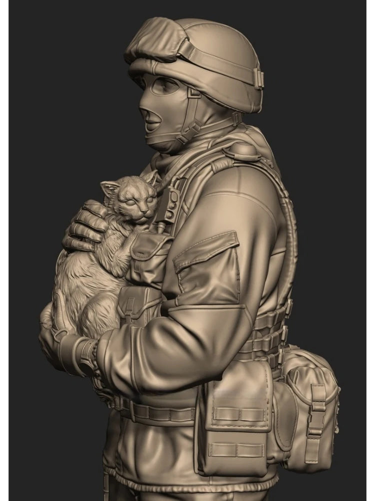 1/35 Modern Russian Soldier with Cat, Resin Model Figure Kit, Unassembled and Unpainted