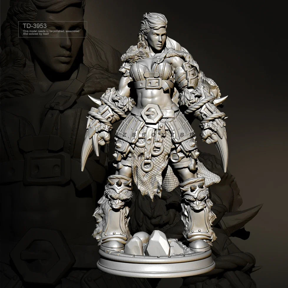 75mm Barbarian Warrior in Ornate Spiky Armor, Resin Model Figure Kit, Fantasy Theme, Unassembled and Unpainted