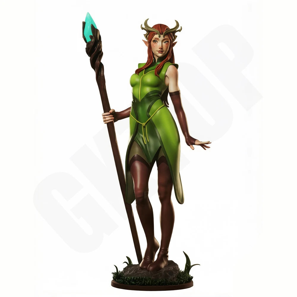1/24 Horned Elf Sorceress in Green with Staff, Resin Model Figure Kit, Fantasy Theme, Unassembled and Unpainted