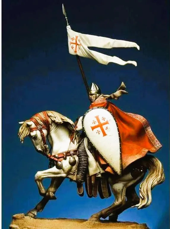 1/32 Medieval Crusader Knight on Rearing Horse with Standard, Resin Model Figure Kit, Unassembled and Unpainted