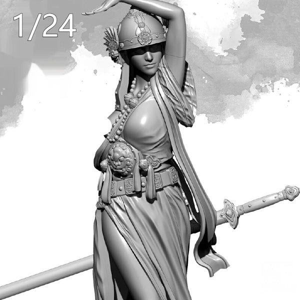 1/24 Spiked Helm Swordswoman with Scaled Armor, Resin Model Figure Kit, Fantasy Theme, Unassembled and Unpainted