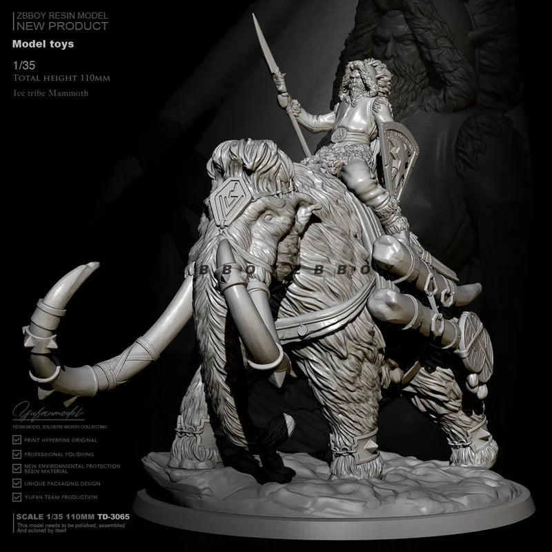 1/35 Warrior on Mammoth, 2 Figures, Resin Model Figure Kit, Fantasy Theme, Unassembled and Unpainted