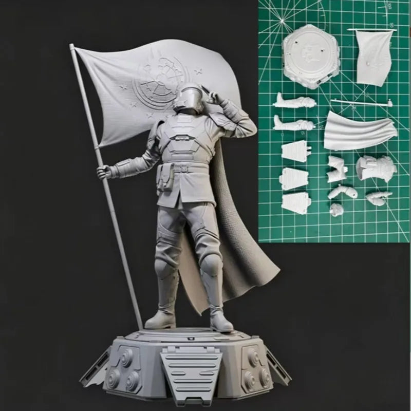 1/24 Warrior with Cape & Flag, Resin Model Figure Kit, Fantasy Theme, Unassembled and Unpainted