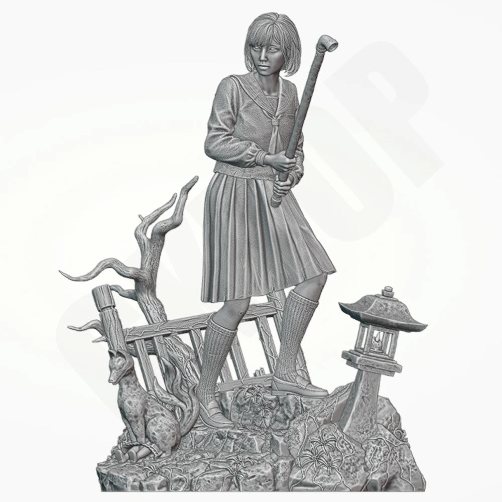 1/24 Warrior Girl with Pagoda Base, Resin Model Figure Kit, Fantasy Theme, Unassembled and Unpainted