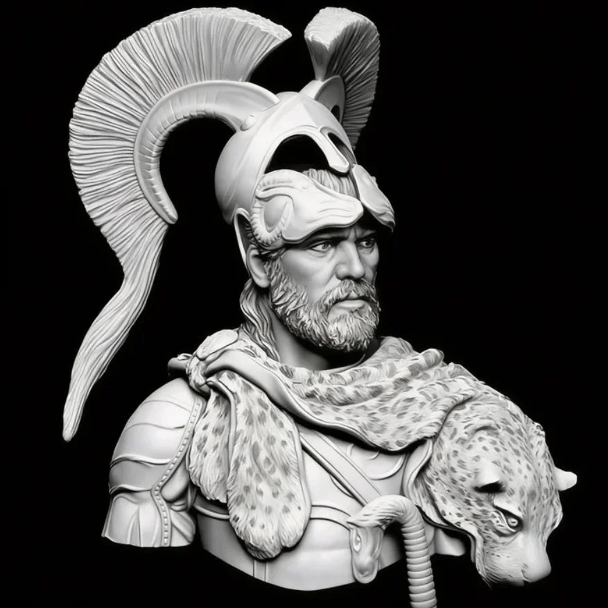 1/10 Ancient Bearded Roman General in Corinthian Helmet with Lion Pelt, Resin Model Bust Kit, Unassembled and Unpainted
