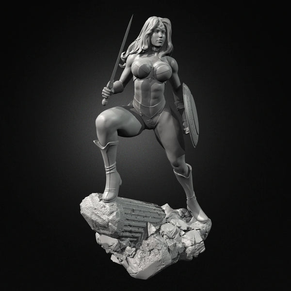 75mm Female Warrior with Longsword and Round Shield, Resin Model Figure Kit, Fantasy Theme, Unassembled and Unpainted