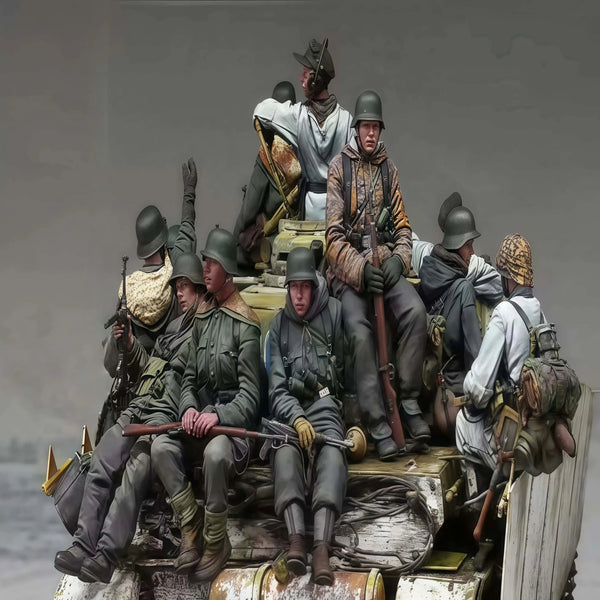 1/35 WWII German Infantry with Motorcycle Sidecar, 13 Figures, Resin Model Figure Kit, Unassembled and Unpainted