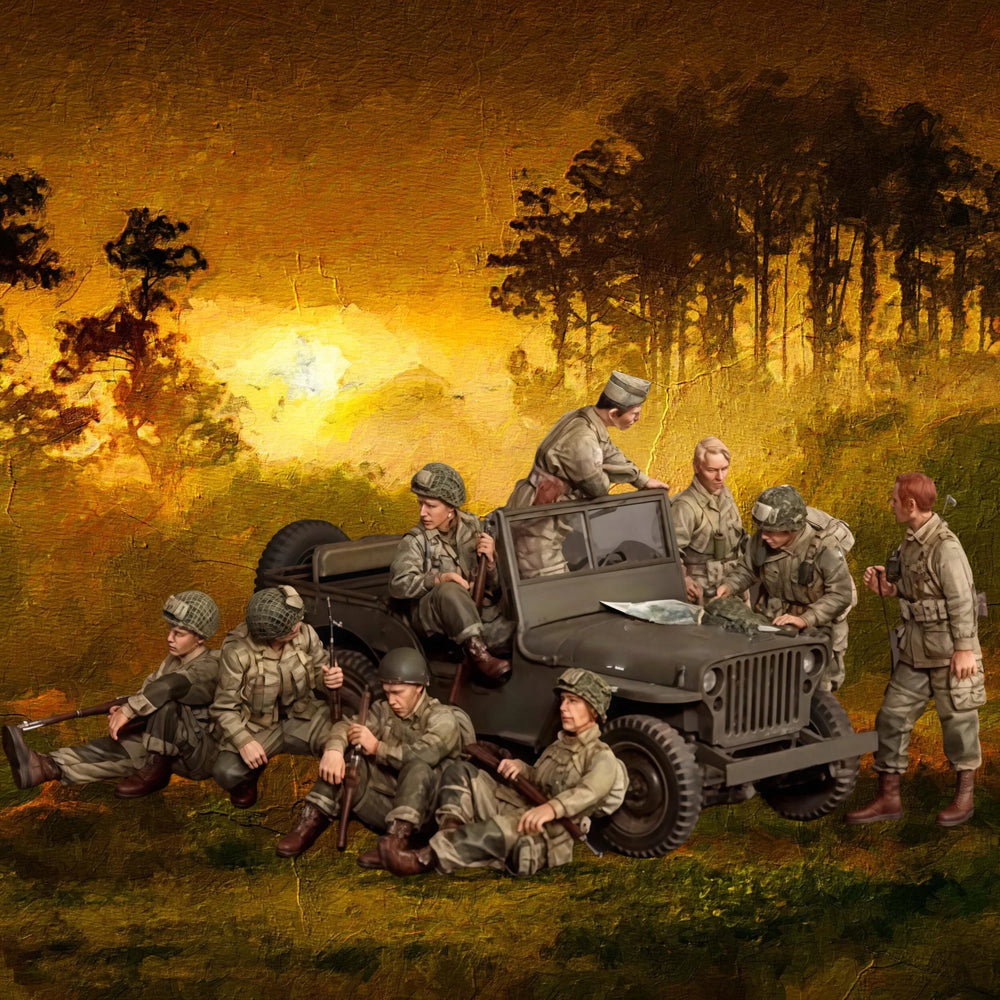 1/35 WWII Allied Infantry Squad with Willys Jeep, 9 Figures, Resin Model Figure Kit, Unassembled and Unpainted