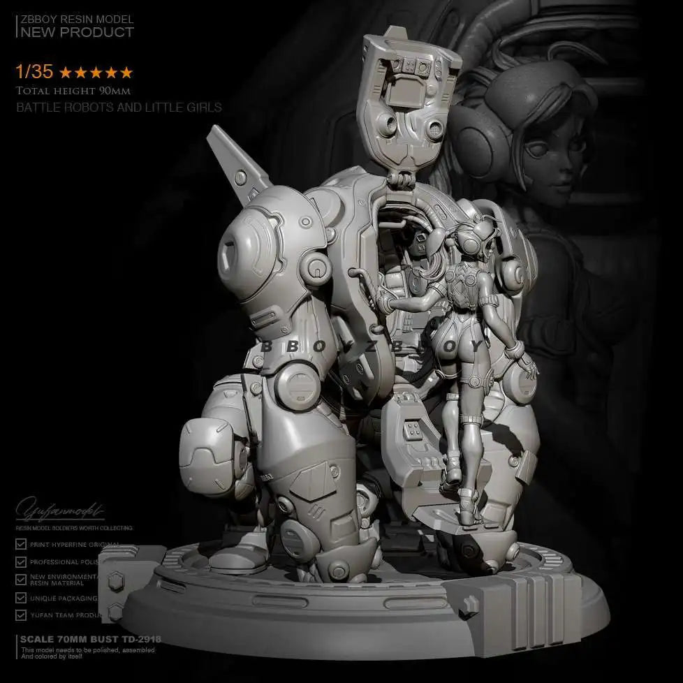 1/35 Mecha Robot with Girl, 2 Figures, Resin Model Figure Kit, Sci-Fi Theme, Unassembled and Unpainted